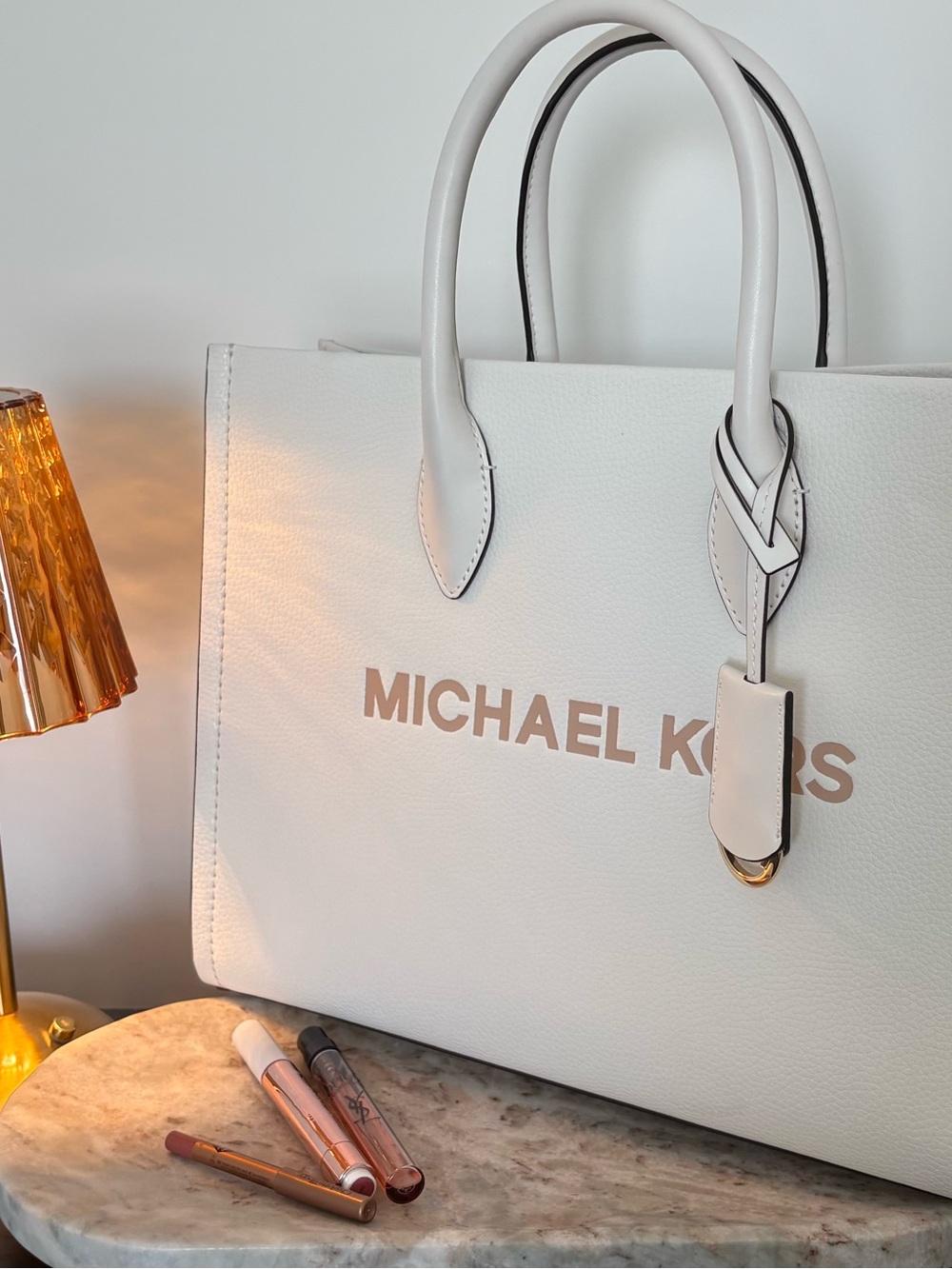 Michael Kors White Leather Logo Tote with Gold Accents